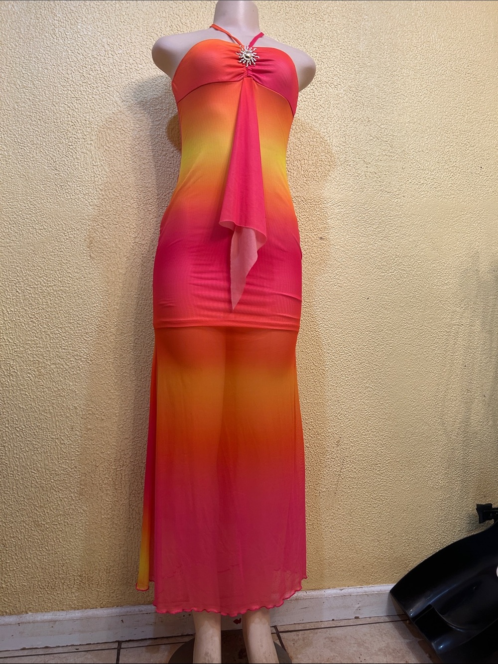 SHEIN Pink and Orange Ombre Halter Maxi Dress with Center Sash